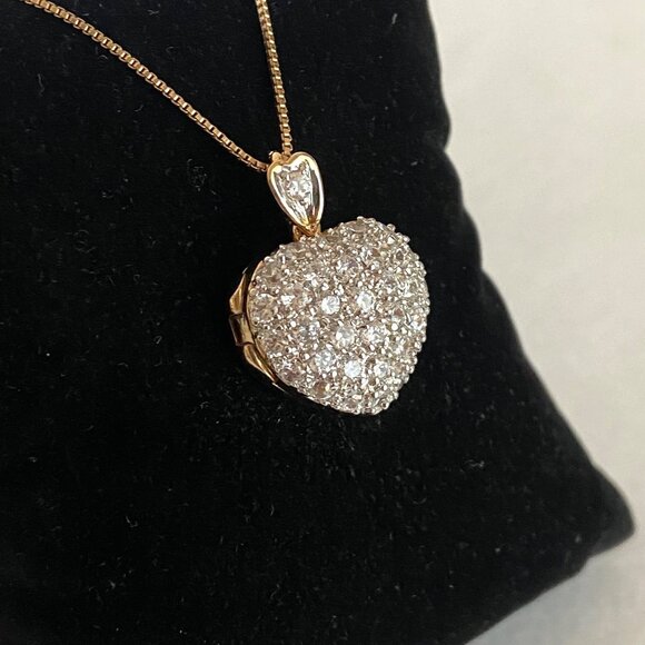 Gold Vermeil Sterling Silver 925 Pave Puffy Heart Locket Pendant Necklace 18" - Picture 9 of 16